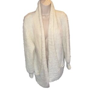 Knitted & Knotted White Fuzzy Knit Cozy Open Front Cardigan Sweater